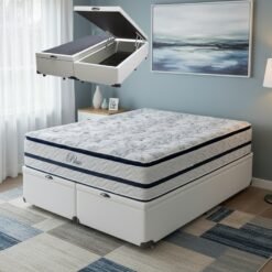 Colchão Queen Blue D33 + Base Box Baú Corino Branco – PAROPAS + ALTO NÍVEL CAMAS E COLCHÕES