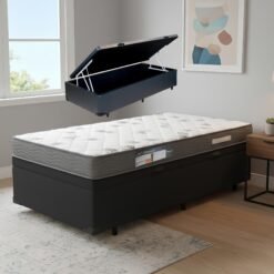 Colchão Solteiro Light D33 + Base Box Baú Corino Preto – ORTOBOM + ALTO NÍVEL CAMAS E COLCHÕES