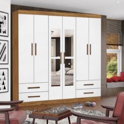 Guarda-Roupa 6 Portas Hércules(Com espelho) 1,77 m Cinamono/Branco – CARIOCA MÓVEIS