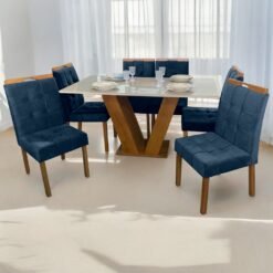 Mesa Classic 160 Cinamomo/Off White com 6 Cadeiras Sophia Mel/Veludo Azul – CEL MÓVEIS + WM DECOR