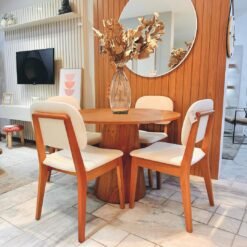 Mesa Redonda Malva 110 Mel com 4 Cadeiras Gaya Mel/Linho Bege 01 - J SILVA MÓVEIS