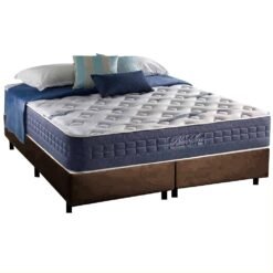 Colchão Queen Blue Sea D28 + Base Box Simples Corino Marrom – ANJOS COLCHÕES + ALTO NÍVEL CAMAS E COLCHÕES