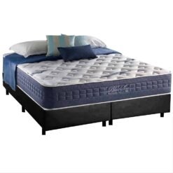 Colchão Queen Blue Sea D28 + Base Box Simples Corino Preto – ANJOS COLCHÕES + ALTO NÍVEL CAMAS E COLCHÕES