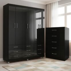 Guarda-Roupa 6 Portas Paraty 3690 + Cômoda 5 Gavetas Aruba Preto - FELLICCI