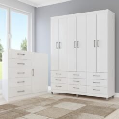 Guarda-Roupa 6 Portas Paraty 3690 + Cômoda 5 Gavetas Sapateira Miami Branco - FELLICCI
