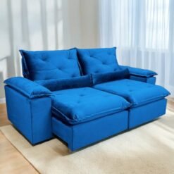 Sofá Retrátil e Reclinável Brasão 2,00 m Veludo Azul - MD ESTOFADOS