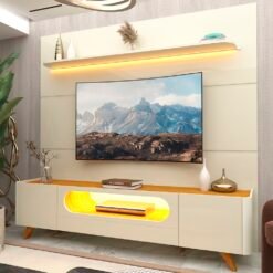 Painel até 85″ Royal 220 Off White + Rack Nobre 210 (Pés de Madeira) Off White/Naturale – GELIUS