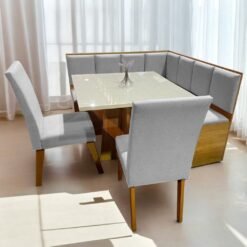 Conjunto Canto Alemão + Mesa Mon/Soberano Mel/Blonde + 2 Cadeiras Milão Mel/Linho Inox - VIERO MÓVEIS