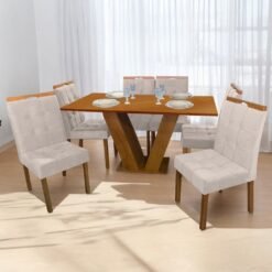 Mesa Classic 160 Cinamomo Laminado com 6 Cadeiras Sophia Mel/Linho Bege – CEL MÓVEIS + WM DECOR