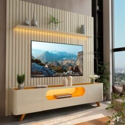 Painel Nobre 230 Off White + Rack Nobre 210 (Pés de Madeira) Off White/Naturale – GELIUS