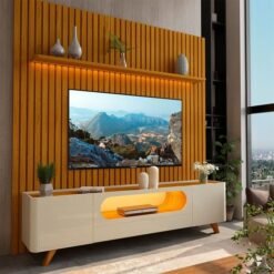 Painel Nobre 230 Naturale + Rack Nobre 210 (Pés de Madeira) Off White/Naturale – GELIUS