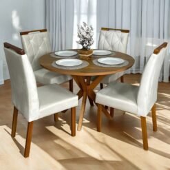 Mesa Redonda Simpatia 108 Cinamono com 4 Cadeiras Yasmim Veludo Bege – JCM MOVELARIA + KM DECOR