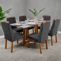Mesa Pedro 160 Mel/Off White com 6 Cadeiras Gênova Veludo Grafite – ART ASSENTOS
