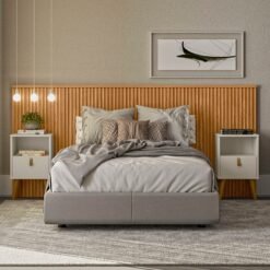 Cabeceira Viúva/Casal/Queen Laranjeiras 2.4 Nature Fosco + Duas Mesas de Cabeceira Búzios Off White - LINEA BRASIL