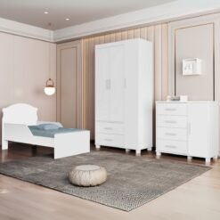 Guarda-Roupa 3 Portas Lívia + Cômoda Lívia + Mini Cama Juvenil Lívia Branco(Sem adesivo) – MADEC/VJ MÓVEIS