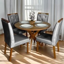 Mesa Redonda Simpatia 108 Cinamono com 4 Cadeiras Yasmim Veludo Cinza Grafite – JCM MOVELARIA + KM DECOR