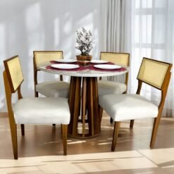 Mesa Berlim 100 Cinamono/Off White com 4 Cadeiras Grécia Linho Bege – CEL MÓVEIS + HR MOVELARIA