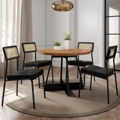 Mesa Átria 1594 Redonda 100 Preto/Nogal com 4 Cadeiras Lux 1741 Preto/Linho Grafite/Corino Preto - CARRARO MÓVEIS