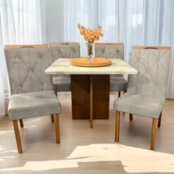 Mesa Salinas/Helô/Los Angeles 120 Cinamomo/Off White com 4 Cadeiras Yasmim Veludo Bege – AVALON DECOR + KM DECOR