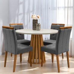 Mesa Redonda Berlim 100 Cinamono/Off White com 4 Cadeiras Sophia Veludo Cinza Grafite– CEL MÓVEIS + WM DECOR