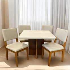 Mesa Salinas/Helô/Los Angeles 90 Cinamomo/Off White com 4 Cadeiras Pérola Linho Bege– AVALON DECOR + DOBUÊ MOVELARIA