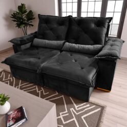 Sofá Retrátil e Reclinável Porto Madero/Brasão 2,00 m Veludo Preto - IMPERIAL DECOR