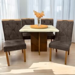 Mesa Salinas/Helô/Los Angeles 90 Cinamomo/Off White com 4 Cadeiras Yasmim Veludo Marrom – AVALON DECOR + KM DECOR
