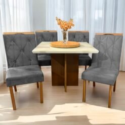 Mesa Salinas/Helô/Los Angeles 120 Cinamomo/Off White com 4 Cadeiras Yasmim Veludo Cinza Grafite – AVALON DECOR + KM DECOR