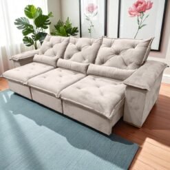 Sofá Retrátil e Reclinável Porto Madero/Brasão 2,75 m Veludo Bege - IMPERIAL DECOR