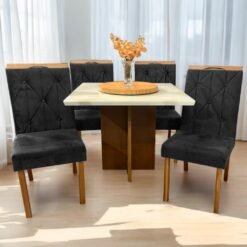 Mesa Salinas/Helô/Los Angeles 120 Cinamomo/Off White com 4 Cadeiras Yasmim Veludo Preto – AVALON DECOR + KM DECOR
