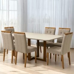 Mesa Atlas Mel/Off White Canto Copo 160×80 com 6 Cadeiras Sophia Veludo Bege – ART ASSENTOS + WM DECOR