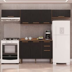 Kit 2 Armário Aéreo Geladeira + 1 Armário Aéreo Triplo + 1 Balcão New Valência Cinamomo/Preto – SALLÊTO