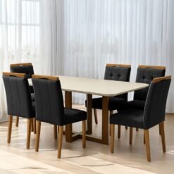 Mesa Atlas Mel/Off White Canto Copo 160×80 com 6 Cadeiras Sophia Veludo Preto – ART ASSENTOS + WM DECOR