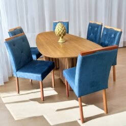 Mesa Isis 180 Freijó com 6 Cadeiras Yasmim Veludo Azul – LEIFER + KM DECOR