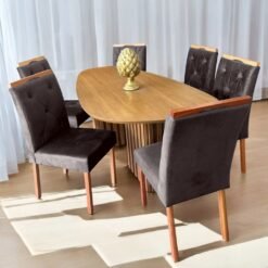 Mesa Isis 180 Freijó com 6 Cadeiras Yasmim Veludo Marrom – LEIFER + KM DECOR