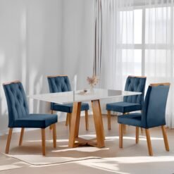 Mesa Ayres 120 Mel/Off White com 4 Cadeiras Yasmim Veludo Azul – VIEIRA DECOR