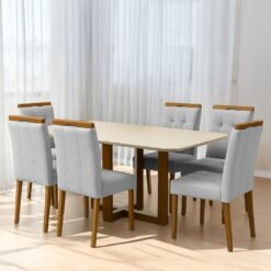 Mesa Atlas Mel/Off White Canto Copo 160×80 com 6 Cadeiras Sophia Linho Cinza Grafite 202 – ART ASSENTOS + WM DECOR