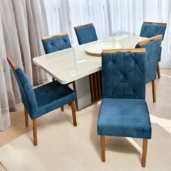 Mesa Astrid (Tampo Maxi) 170 Amêndoa Clean/Off White com 6 Cadeiras Yasmim Veludo Azul – LOPAS + KM DECOR