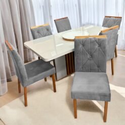 Mesa Astrid (Tampo Maxi) 170 Amêndoa Clean/Off White com 6 Cadeiras Yasmim Veludo Cinza Grafite – LOPAS + KM DECOR