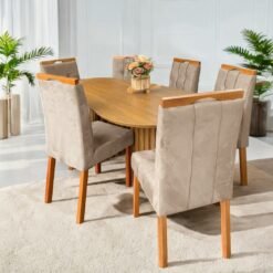 Mesa Isis 180 Freijó com 6 Cadeiras Sophia Veludo Bege - LEIFER + WM DECOR