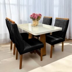 Mesa Sintonia (Tampo Maxi) 120 Amêndoa Clean/Off White com 4 Cadeiras Gênova Veludo Preto – LOPAS + ART ASSENTOS