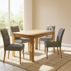 Mesa Athenas 120 Amêndoa Clean com 4 Cadeiras Sophia Linho Cinza Grafite 202 – LOPAS + WM DECOR