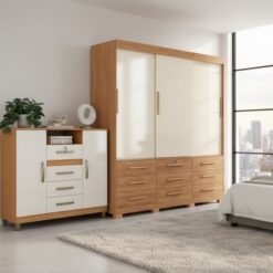 Guarda-Roupa 3 Portas Toronto RP1930 + Cômoda 4 Gavetas 2 Sapateiras Angra CO260 Cinamomo/Off White/Cinamomo – FELLICCI