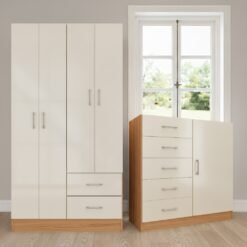 Guarda-Roupa 4 Portas Panamá 4002 + Cômoda 5 Gavetas Sapateira Miami Cinamomo/Off White – FELLICCI