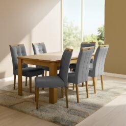 Mesa Athenas 180 Amêndoa Clean com 6 Cadeiras Sophia Linho Cinza Grafite 202 – LOPAS + WM DECOR