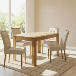 Mesa Athenas 120 Amêndoa Clean com 4 Cadeiras Sophia Linho Bege 200 – LOPAS + WM DECOR