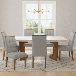 Mesa Liz 160 (Tampo 40 mm) Cinamomo/Off White com 6 Cadeiras Sophia Linho Cinza Prata 206 – VALDEMÓVEIS + WM DECOR