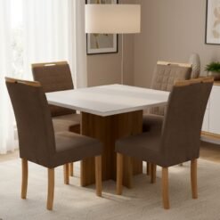 Mesa Salinas/Helô/Los Angeles 90 Cinamomo/Off White com Cadeiras Pandora 01 Veludo Marrom 134 – AVALON DECOR + CARVALHO DECOR