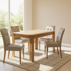 Mesa Athenas 120 Amêndoa Clean com 4 Cadeiras Sophia Veludo Bege – LOPAS + WM DECOR