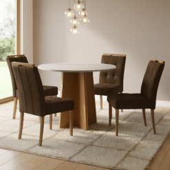Mesa Redonda Celebrare 100 Amêndoa Clean/Off White com 4 Cadeiras Sophia Veludo Marrom – LOPAS + WM DECOR